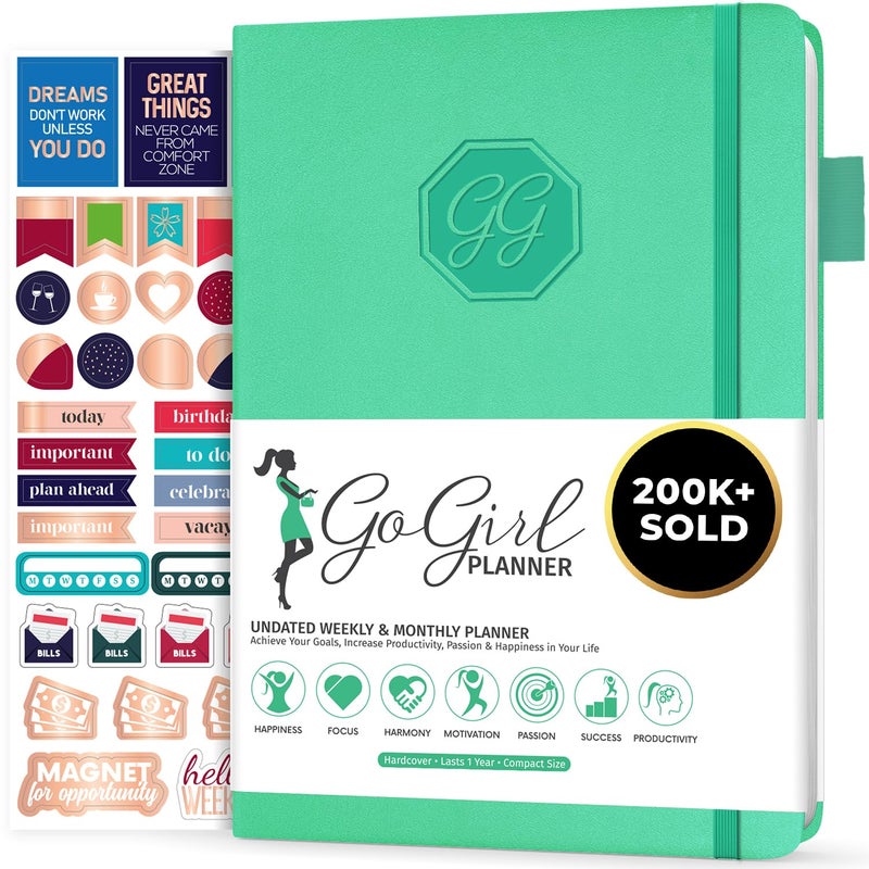 GoGirl Planner and Organizer for Women â€“ Compact Size Weekly Planner, Goals Journal & Agenda to Improve Time Management, Productivity & Live Happier. Undated â€“ Start Anytime, Lasts 1 Year â€“ Emerald - Image 1
